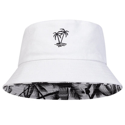 Unisex Coconut Tree Embroidery Double Sided Wearing Bucket Hats Fishermen Caps Outdoor Casual Cap Sunscreen Hat