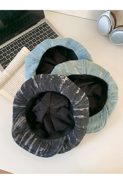 Women's Vintage Washed Denim Cloud Berets Octagonal Retro Cap