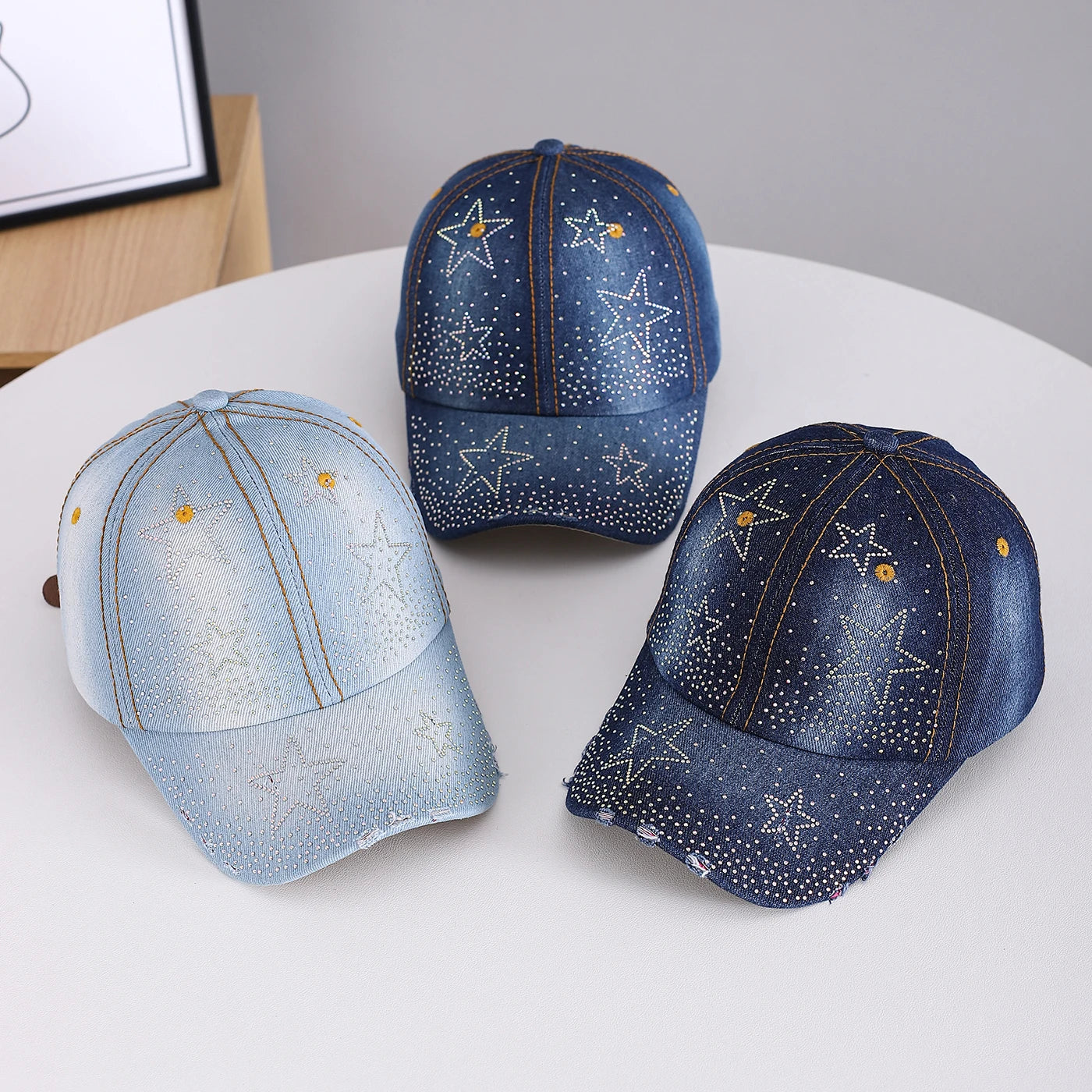 Rhinestone Five-Pointed Star Denim Distressed Baseball Cap