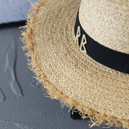 Designer Raffia Straw Hat With Chain Letter Women Summer Bikini Beach Sun Hat
