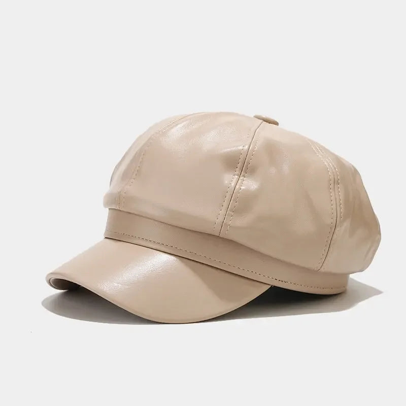 Four Seasons Pu Solid Beret Octagonal Cap Painter Hat
