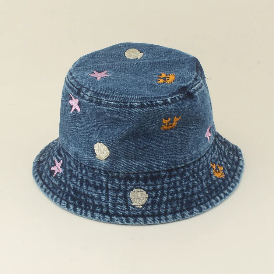 2026 Baby Cute Shell Starfish Crab Embroidery Denim Bucket Hat For Kids