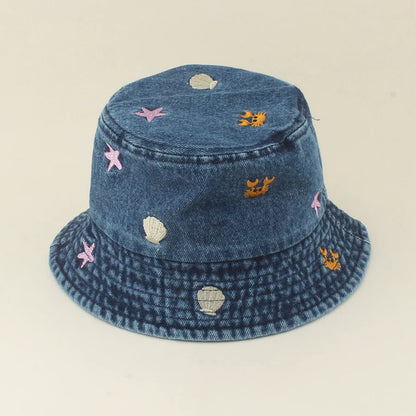 2026 Baby Cute Shell Starfish Crab Embroidery Denim Bucket Hat For Kids