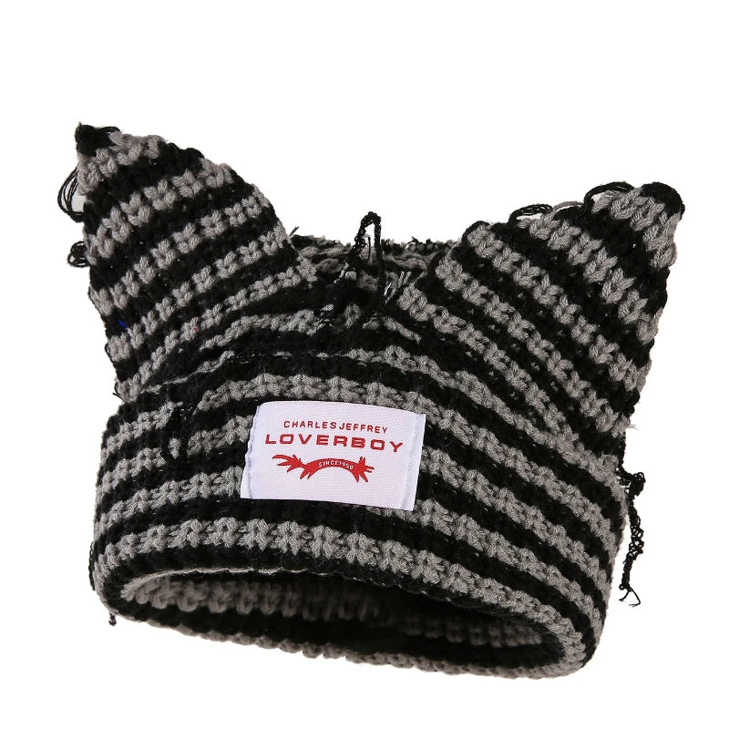 Winter Skullies Hat Unisex Cat Ear Hat Warm Crochet Knitted Hat