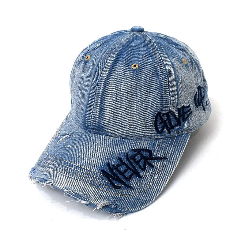 "Never Give Up" Embroidered Denim Baseball Cap