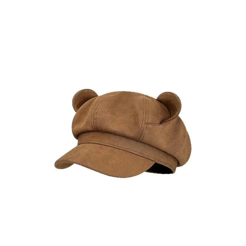 Retro Brown Beret Collection Cute Ear Flat Top Octagonal Beret