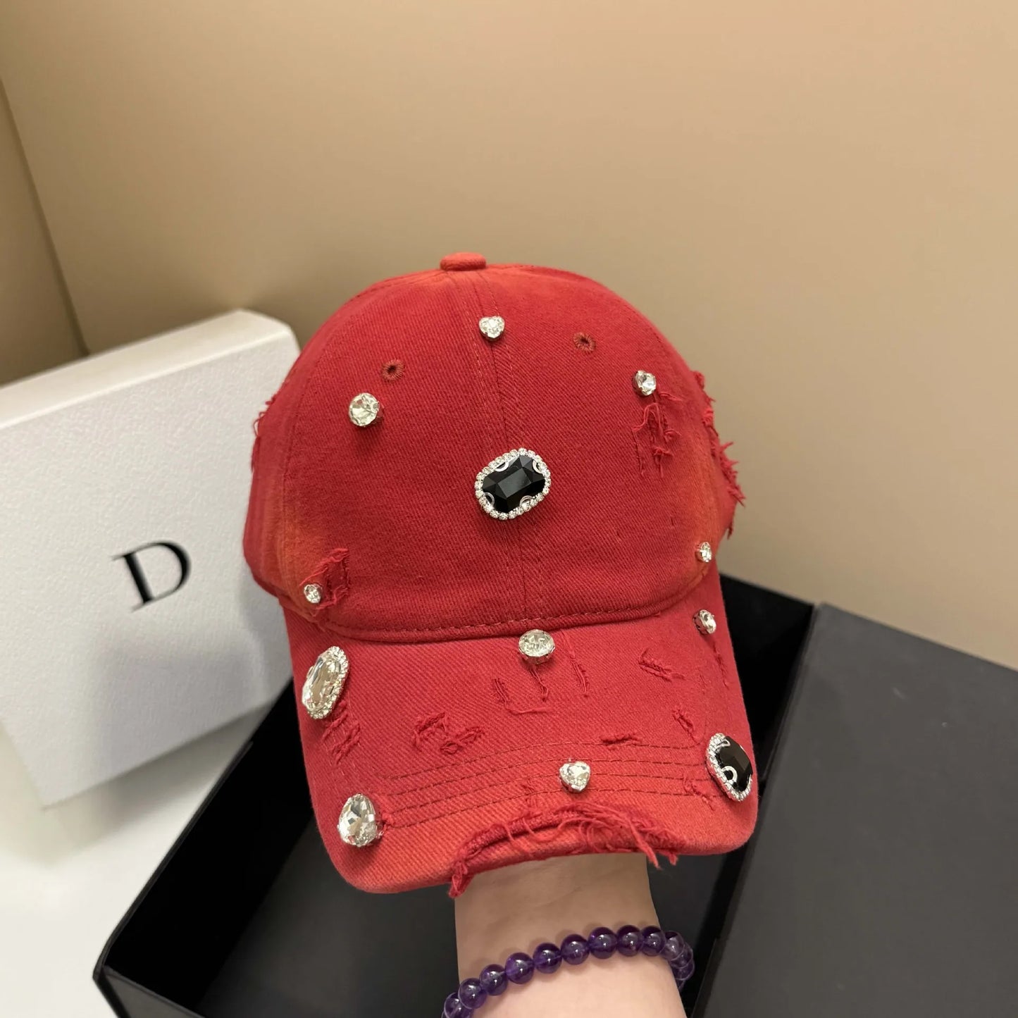 Luxury Rhinestone Hole Cotton Washed Baseball Cap