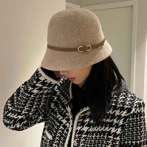 New Fashion Unisex Solid Color Wool Winter Hat With Belt Autumn Bucket Wool