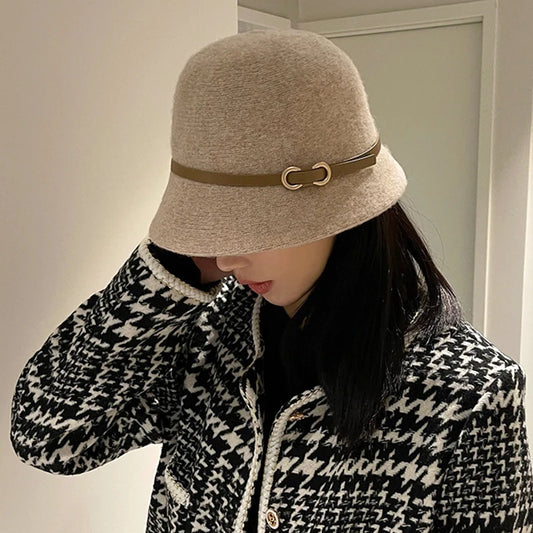 New Fashion Unisex Solid Color Wool Winter Hat With Belt Autumn Bucket Wool