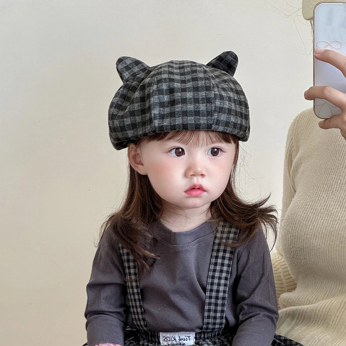 Cute Cats Ears Beret Japanese Children Octagonal Hat Fashion Plaid Kids Pumpkin Hats