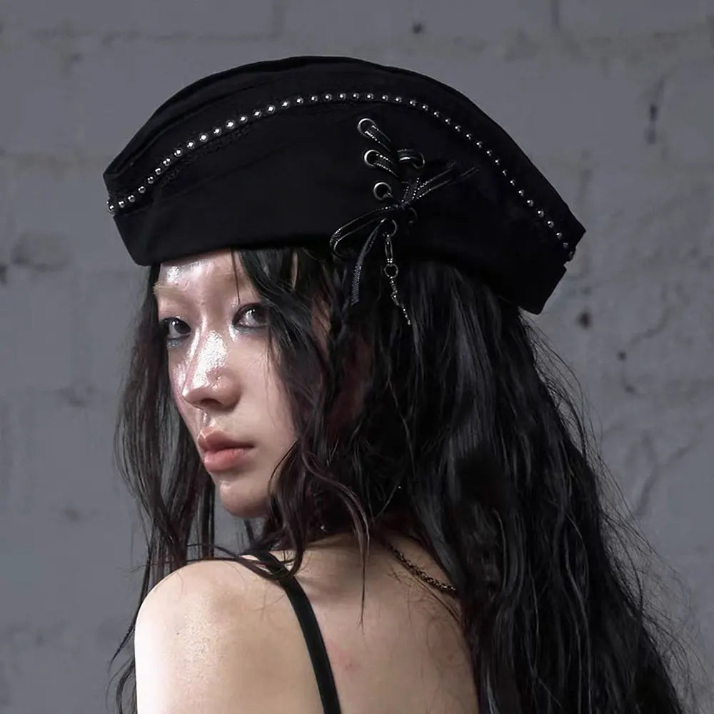 Black Studded Beret Cap Personality Retro Painter Hats