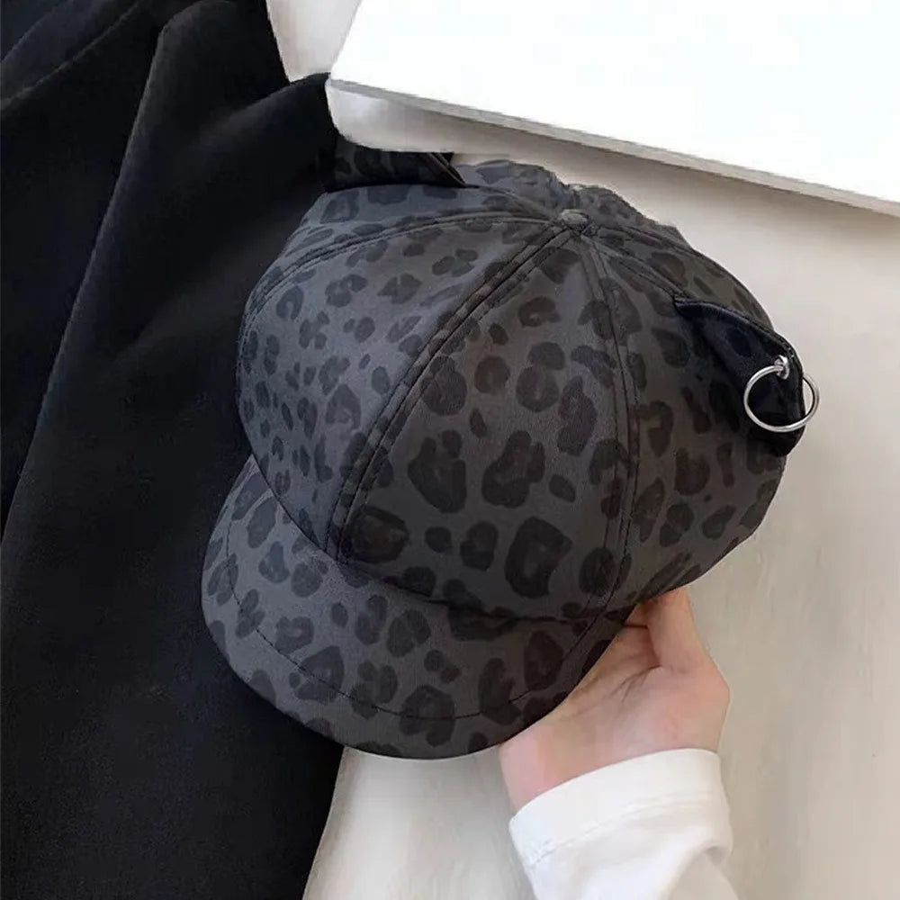 Retro Style Cat Ears Cap Leopard Print Octagonal Shape Cat