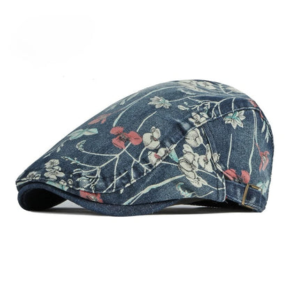 New Vintage Print Denim Beret Women Men Cotton Newsboy Cap