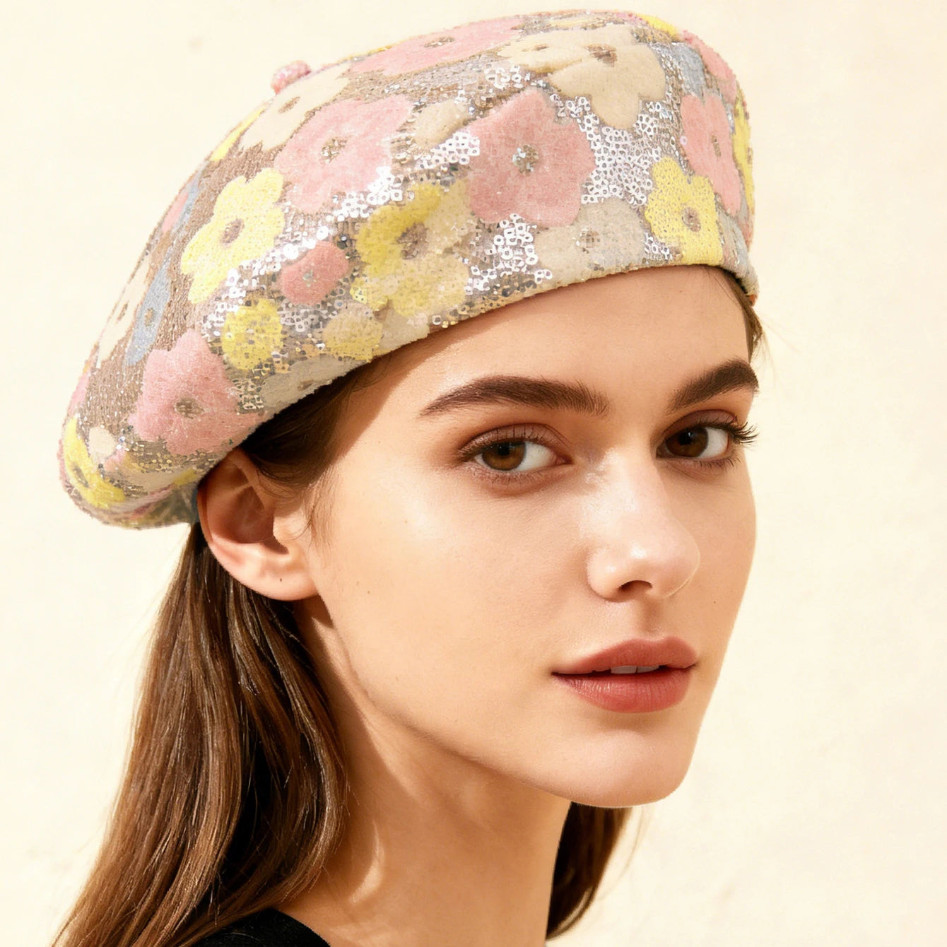 The Colorful Sequined Flowers The Elegant And Artistic Style Of The Beret