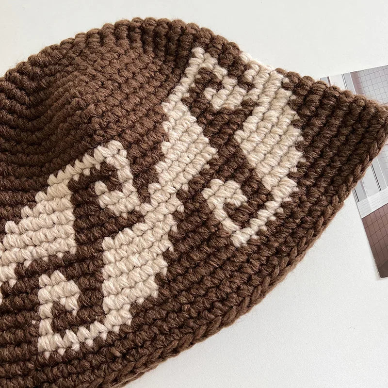 Korean Autumn Winter Retro Crochet Knitted Wool Bucket Hat Women