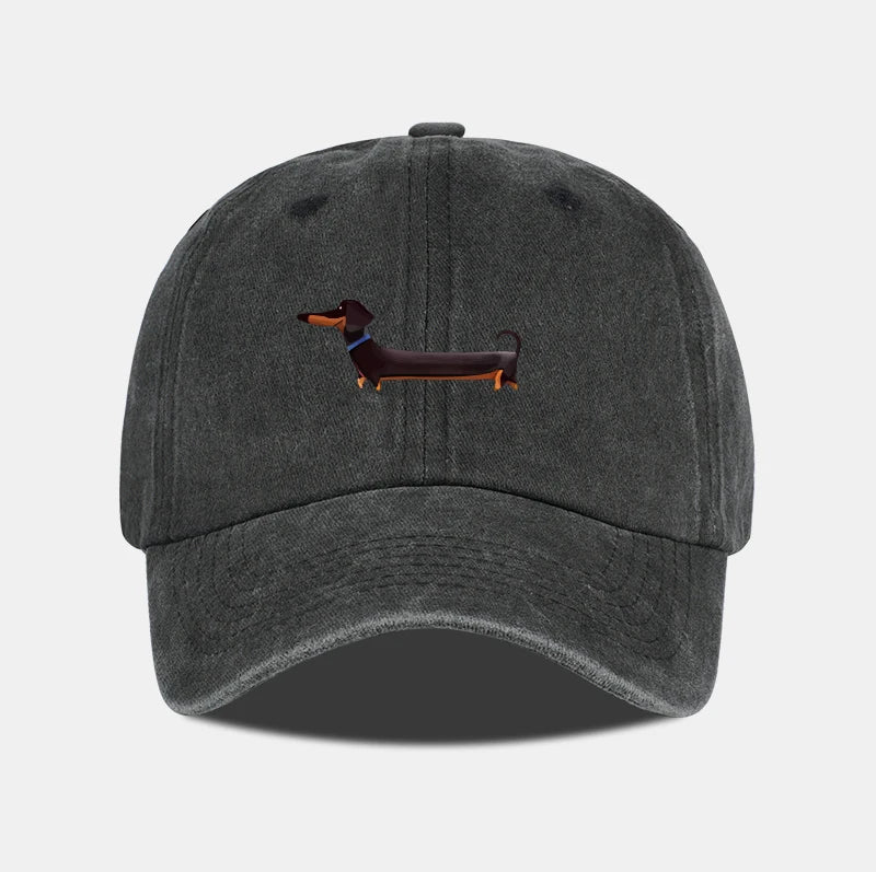 Dachshund Print Washed Baseball Cap Adorable Retro Dog Themed Style Perfect For Outdoor Walks