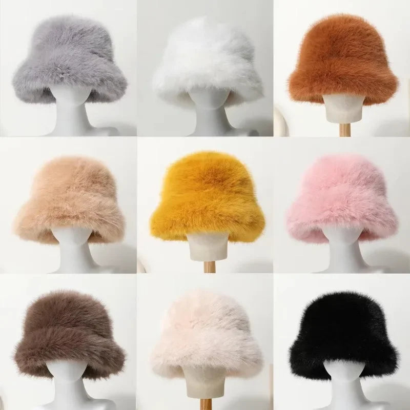 Bright Yellow Imitation Mink Fur Bucket Hat Women's Panama Style Korean New
