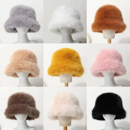 Bright Yellow Imitation Mink Fur Bucket Hat Women's Panama Style Korean New