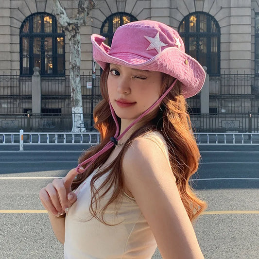 Cute Star Pink Bucket Hats Women Summer Outdoor