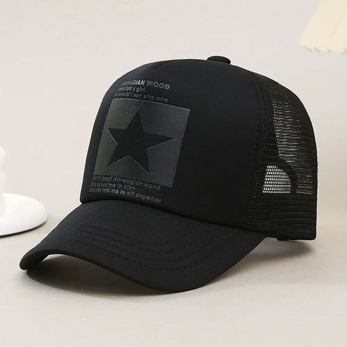 Summer Mesh Baseball Cap Fashion Star Printed Adjustable Baseball Hat Ponytail Cap Unisex Outdoor Sports