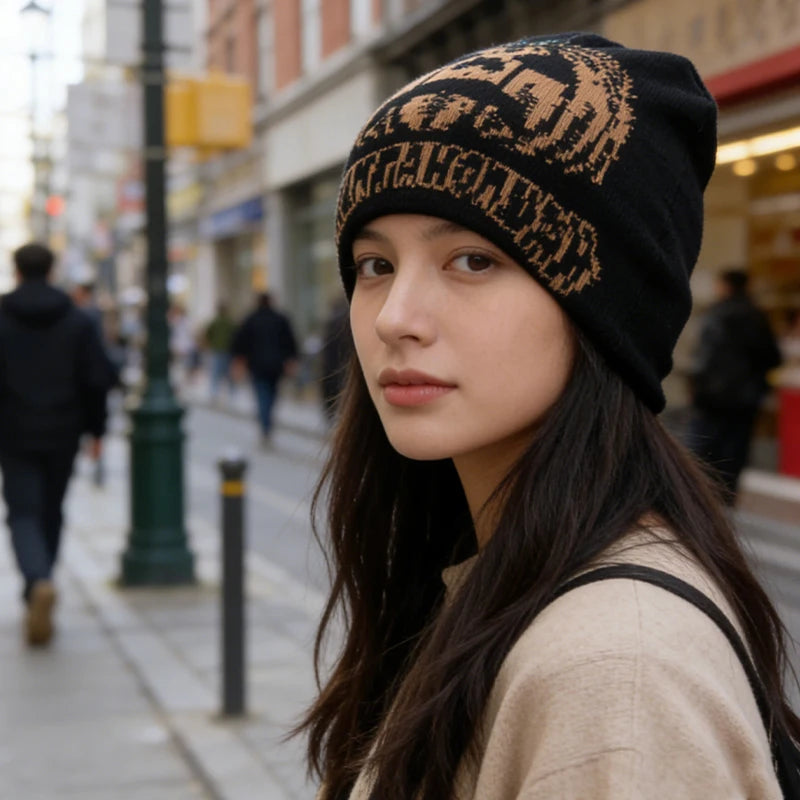 Y2k Wind Black Gold Vintage Jacquard Knit Hat Without Brim