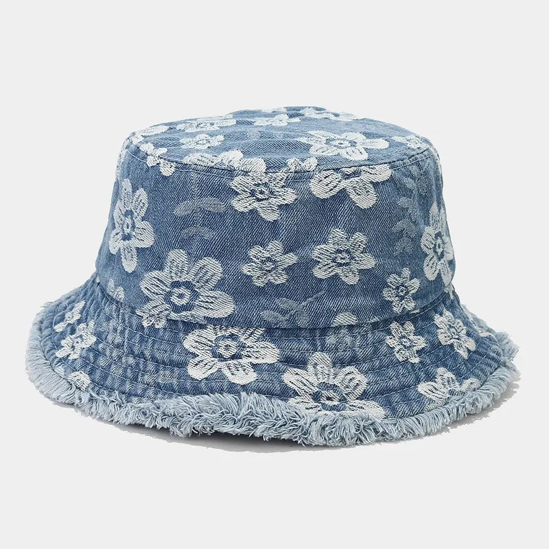 Spring Denim Cartoon Flower Embroidery Bucket Hat