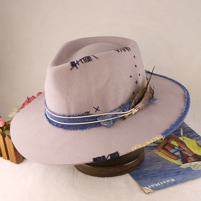 Braided Ribbon & Feather Trim Felted Jazz Cap For Autumn/Winter