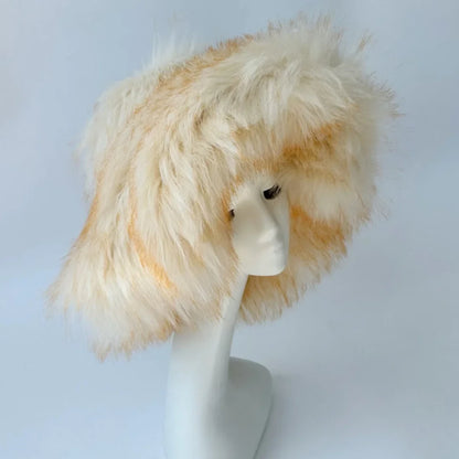 Luxury Fluffy Women Faux Fur Bucket Hats Oversized 17cm Wide Brim
