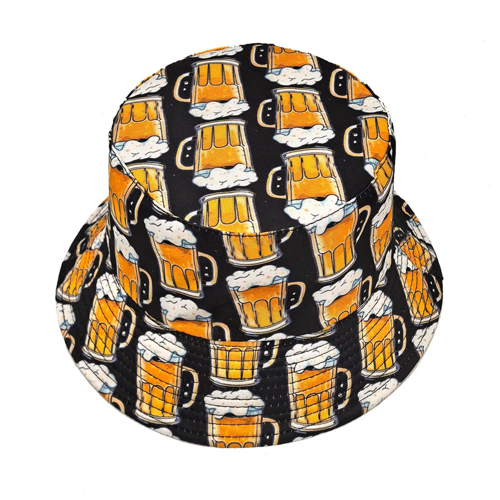 Cartoon Beer Bucket Hat Beer Printing Pattern Fisherman Hats Double Sides Polyester Panama Cap Unisex Outdoor Beach Travel New
