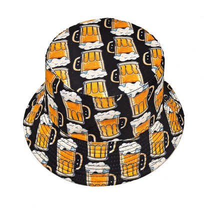 Cartoon Beer Bucket Hat Beer Printing Pattern Fisherman Hats Double Sides Polyester Panama Cap Unisex Outdoor Beach Travel New