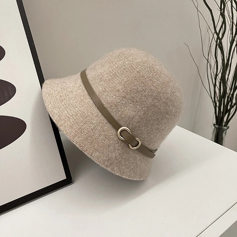 New Fashion Unisex Solid Color Wool Winter Hat With Belt Autumn Bucket Wool