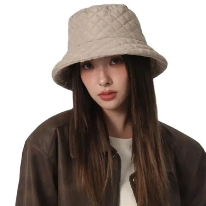 Winter New Ultra Light Down Cotton Rhombus Fisherman Hat  Cap Cotton Jacket Warm Korean Casual y2k Pot Hat