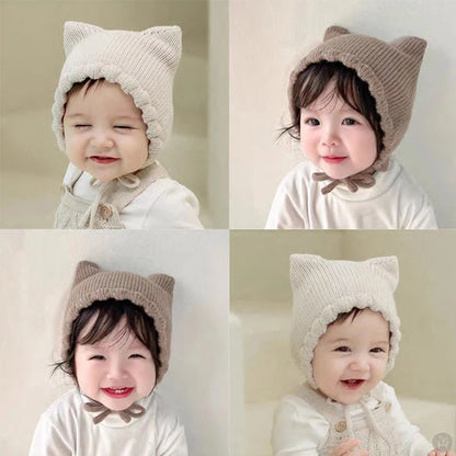Autumn Winter Solid Color Knitted Warm Earmuffs Beanie Toddler Outdoor Windproof Cap