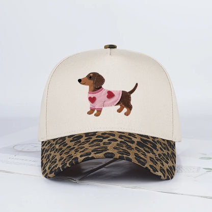 Cute Dachshund Heart-Print Color-Block Baseball Cap
