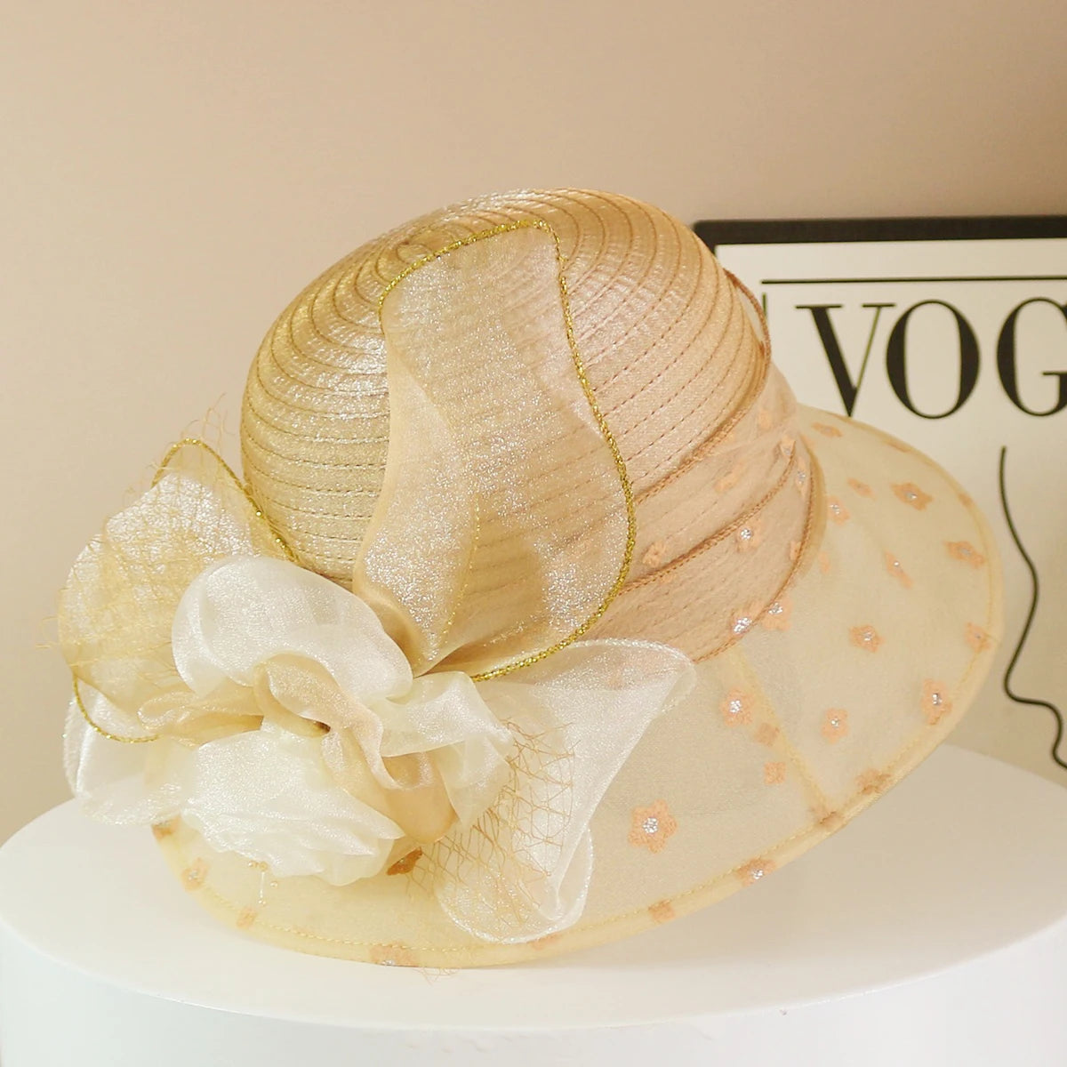 Fashion Hat Women Top Hat Elegant Organza Flower Wide Brim Sun Hat