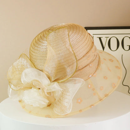 Fashion Hat Women Top Hat Elegant Organza Flower Wide Brim Sun Hat
