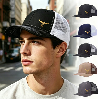 1 Gold Ox Head Print Truck Cap Breathable Mesh Back Baseball Cap Outdoor Snap Caps