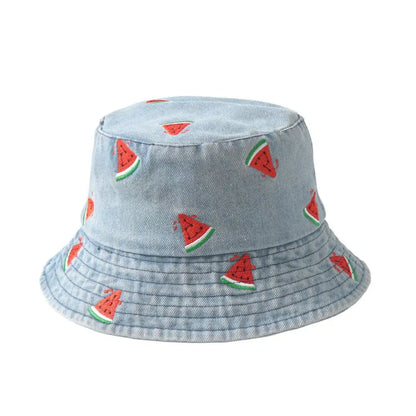 Summer Embroidery Cherry Washed Denim Bucket Hat For Women