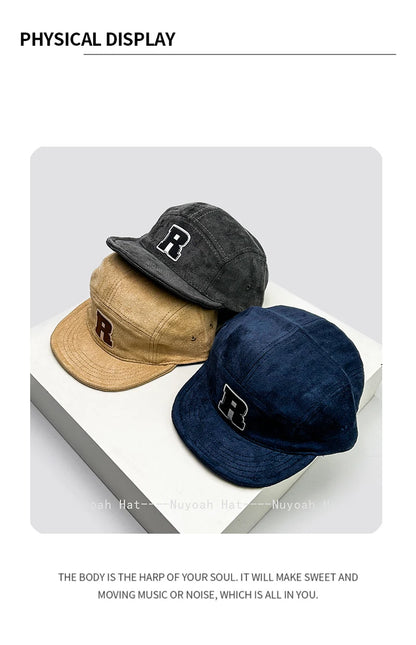New Korean Patch R Letter Baseball Hats Flat Eave Versatile Suede Peaked Caps Niche Fashion Retro Simple
