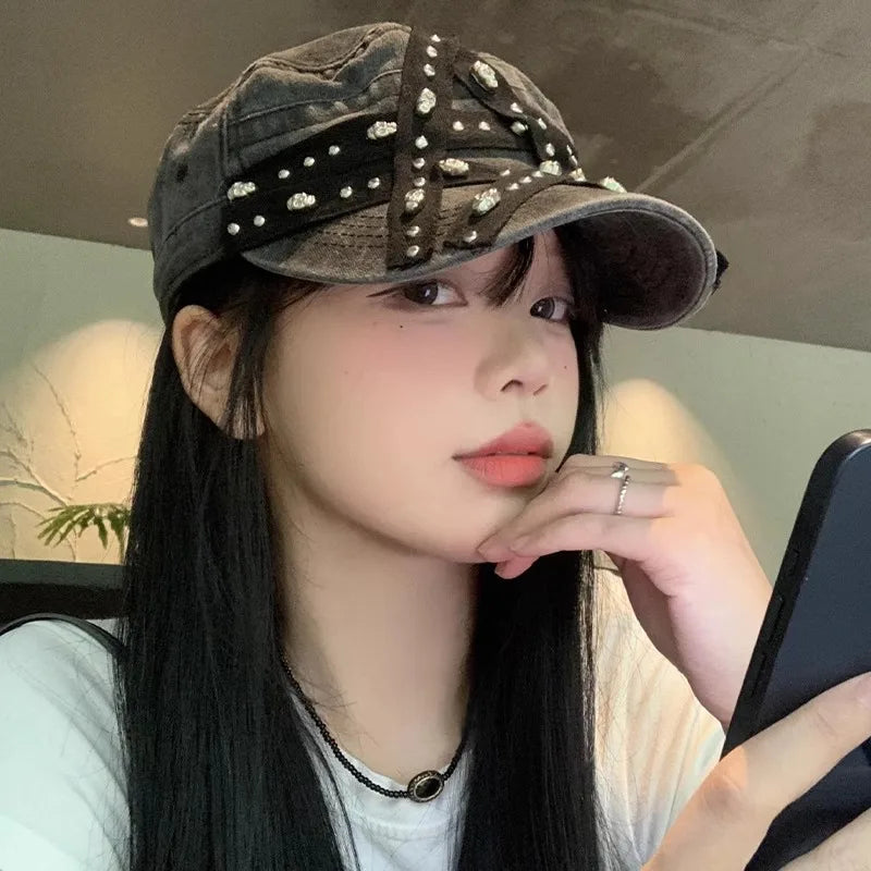 Women's New Hats Sweet Cool Style Five Pointed Star Washed Denim Cap