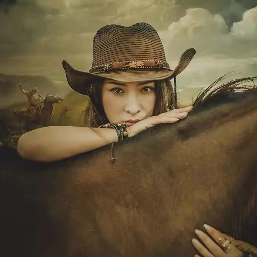 Women Men Cowboy Hat Summer Wide Brim Western Cowgirl Straw Hats