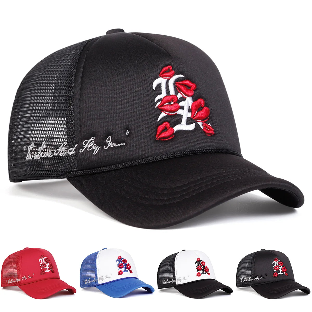 Unisex Lips Letter Embroidery Baseball Net Caps Spring and Summer Outdoor Adjustable Casual Hats