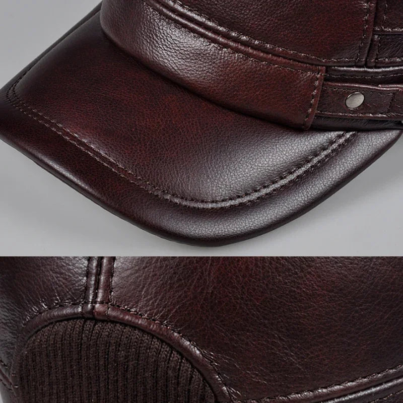 Winter Genuine Leather Cap Men's Flat Caps Military Hat
