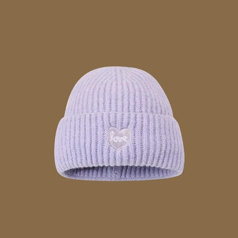 Love Heart Embroidered Woolen Hat Warm Ear-Protecting Cold Hat
