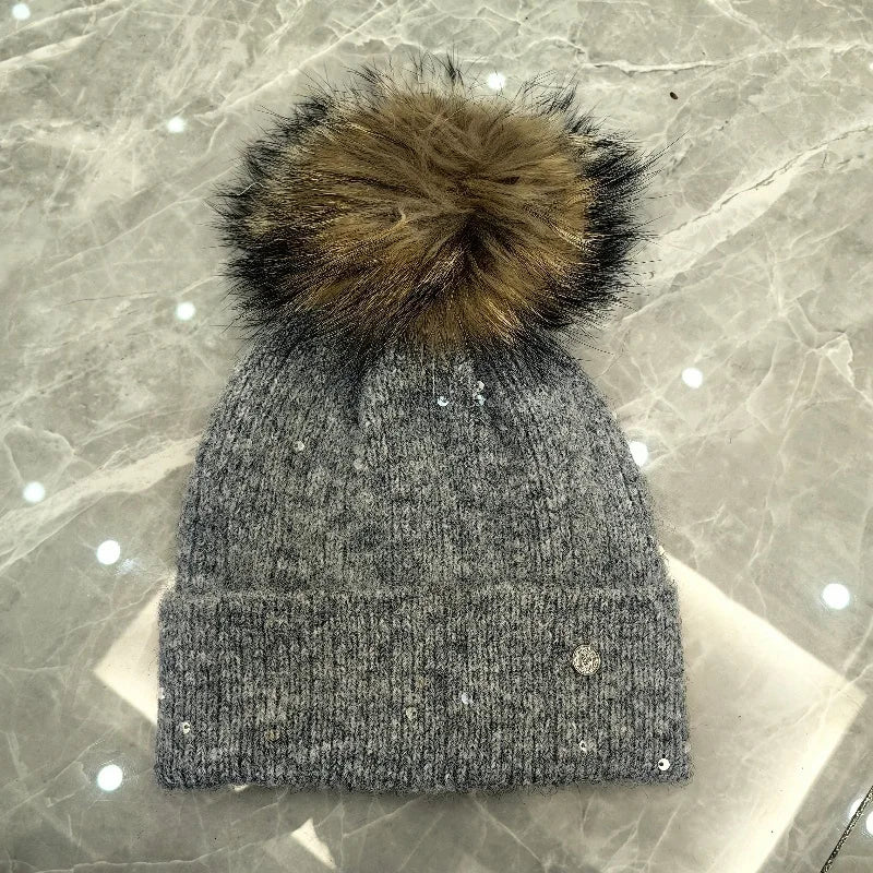 Winter Real Fox Fur Pompom Hats Sequin Skullies Beanie For Women Wool Knitted Hats