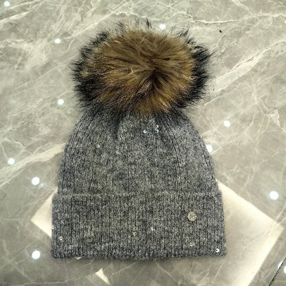 Winter Real Fox Fur Pompom Hats Sequin Skullies Beanie For Women Wool Knitted Hats