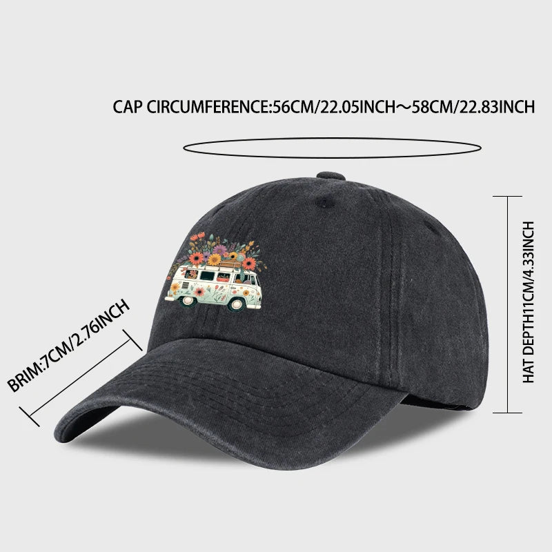 Vintage Floral Van Print Washed Baseball Cap