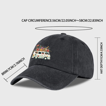 Vintage Floral Van Print Washed Baseball Cap