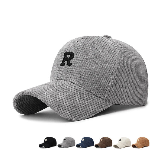 Corduroy Baseball Cap with 3D Embroidered 'R' Letter Solid Color