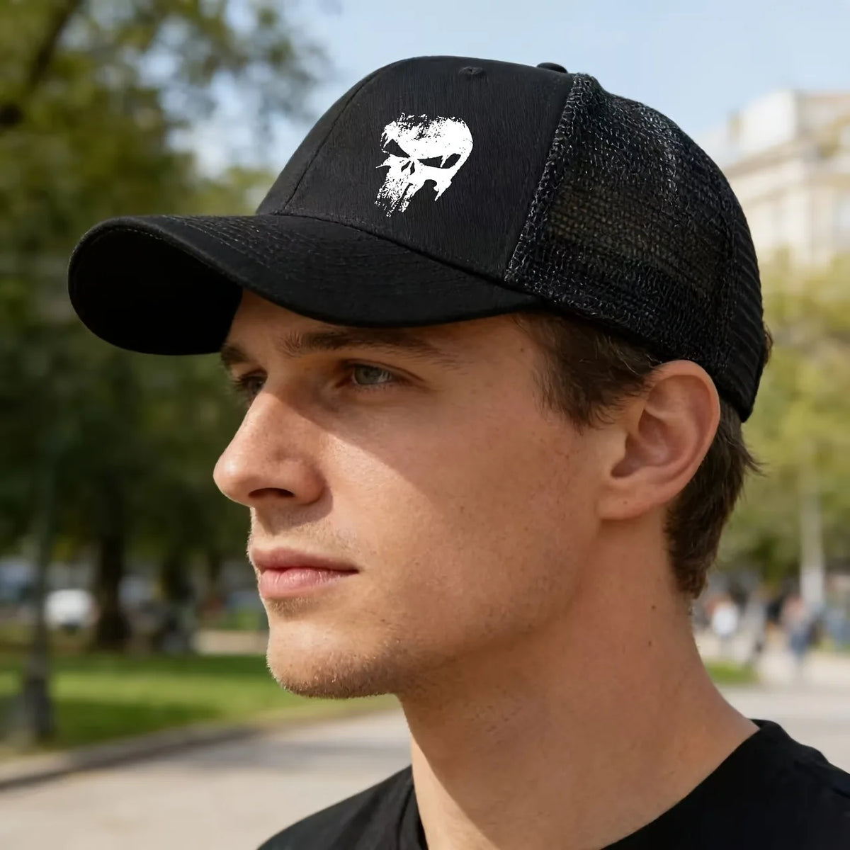 Unisex Printed Skull Head Baseball Cap Adjustable Outdoor Mesh Breathable Curved Brim Hat